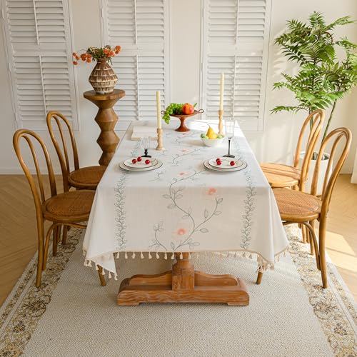 Tenger Home Kitchen Nappe de Table Rectangulaire, Nappe brodée Aspect Lin Lavable, Nappes imperméable Housses pour Table Broderie Traditionnelle (Fleurs Roses, 140 x...
