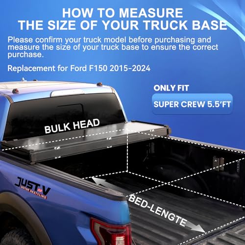 Image of Just-V Hard Tri-Fold Truck Bed Tonneau Cover for Ford F150 2015-2026 Crew Cab Pickup 5.5FT Bed (Excl. Raptor Series), Upgrade Solid FRP Textured Black