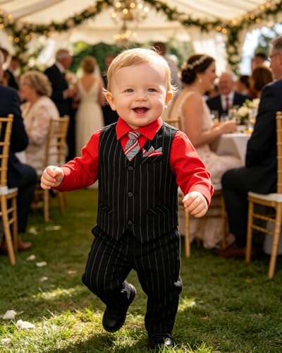 Image of Baby Boy Suits Formal Stripe Gentleman Tuxedo Suit Set Complete Dress Clothes Toddler Wedding Ring Bearer Outfit