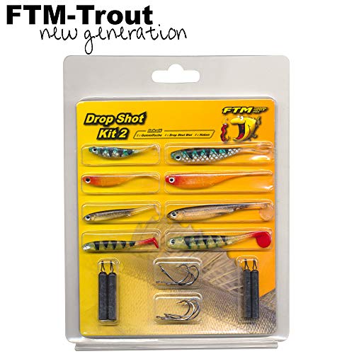 FTM Drop Shot Kit II - 8 Gummifische + 8 Haken + 4 Bleie zum Spinnfischen auf Barsche, Dropshot Köder zum Barschangeln, Gummiköder