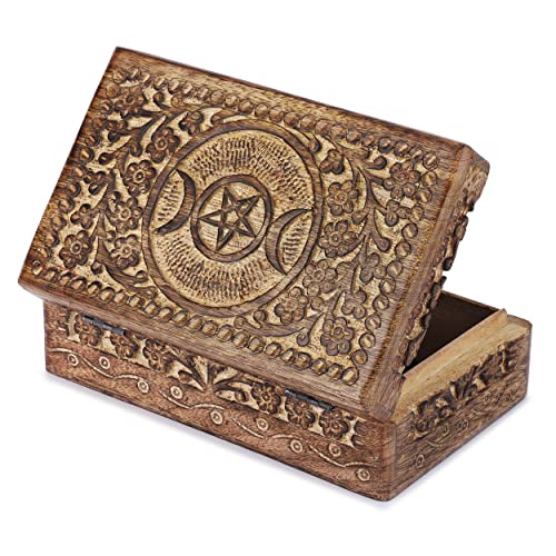 Ajuny Wooden Hand Carved Decorative Jewelry Box Moon Star Flower Carvings Vintage Keepsake Storage Organizer Travel Treasure Chest Trinket Holder Case Great Gifts 8x5 Inch