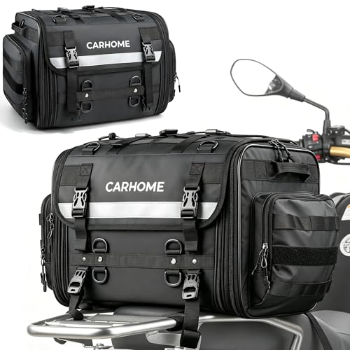 CARHOME Motorcycle Tail Bag 40L-60L Expandable Motorcycle Travel Luggage Waterproof All-Weather Rear Seat Bag with Sissy Bar Straps & Rain Cover Universal Trunk Rack Bag - Black