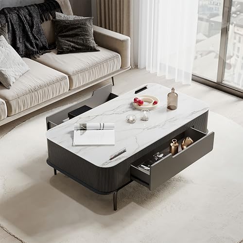 Image of DecorNation Valencia Faux Marble Coffee Table Graphite Grey with Two Drawers Storage - PVD Coated Legs - Modern Living Room Accent Furniture