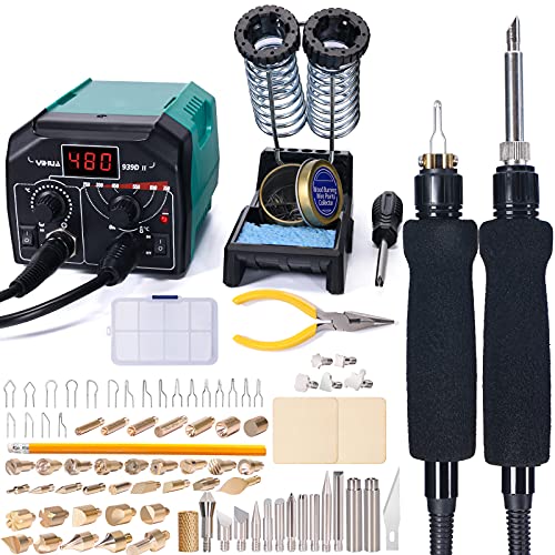YIHUA 939D-II Digital Pyrography Wood Burning Station 2-in-1 (Detailer+Solid-Point) Detailer 250~750Â°C Adjustable/Solid-Point 200~480Â°C Adjustable with 20 nibs, 51 Solid-Points, Pliers, and More