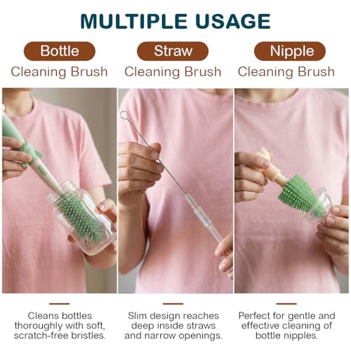 Image of TONY STARK Baby 3-in-1 Silicone Bottle Cleaning Brush Set | 360 Rotatable Handle, BPA-Free Soft Bristles for Cleaning Bottles, Nipples & Pacifiers Safely (Green)