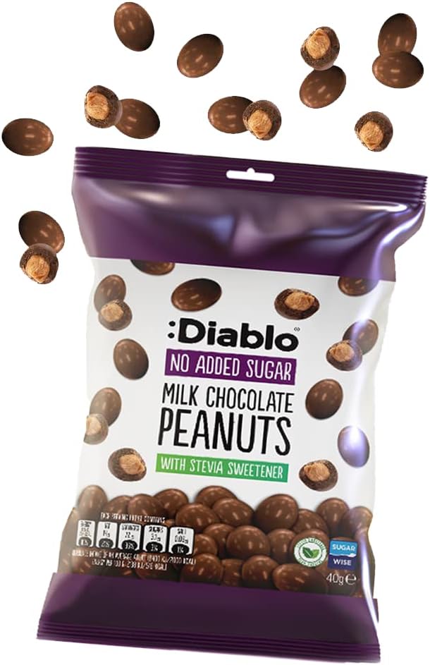 Diablo Milk Chocolate Peanuts - No Added Sugar, Sweetened with Stevia - Individually Packed Bags, Chocolate Covered Nuts Hamper Basket Available - Perfect for Gifting - Peanut - 40g, Pack of 2