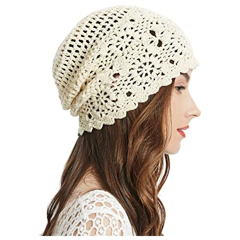 ZLYC Women Cotton Crochet Slouchy Beanie Hat Handmade Knit Cutout Summer Floral Skull Cap (Solid Beige) Cover