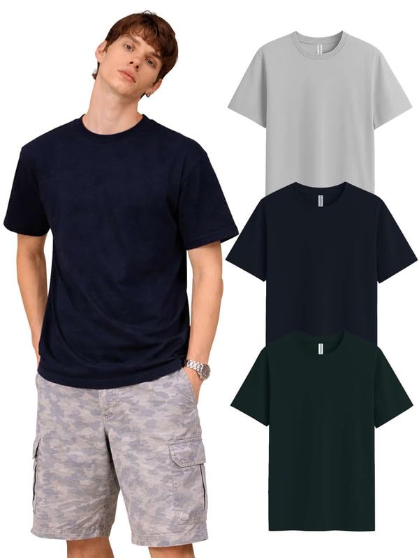 Image of Sleepynuts Half Sleeve Round Neck 100% Cotton Tshirt for Mens Pack of 3 Regular Fit Solid T-Shirts Combo