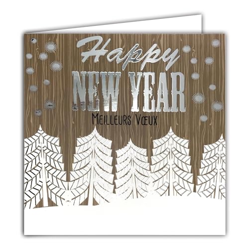 Happy New Year Best Wishes Glossy Silver Square Card with White Envelope 15 x 15 cm, Christmas Trees Wooden Snowflakes Winter