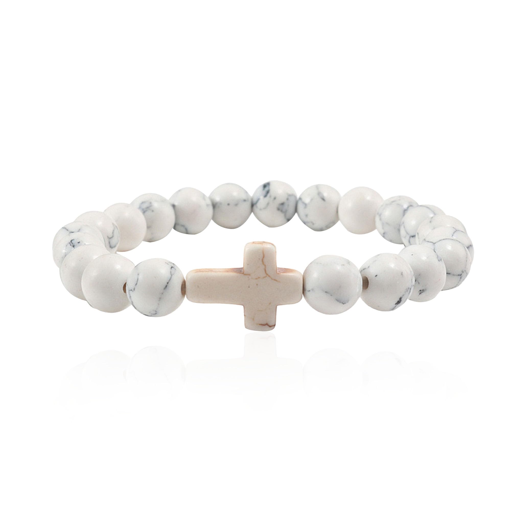 GUOXIAOMEI Handmade Cross Natural Colorful Stone Beads Elastic Adjustable Bangle Link Couple Friendship Minimalist Valentine Day Birthday Bracelet