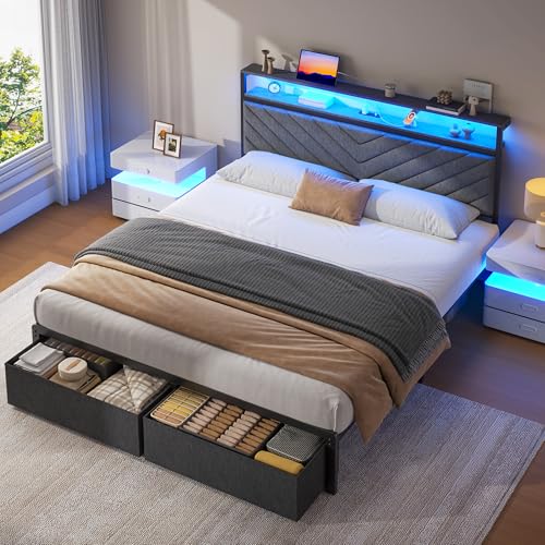 Queen Bed Frame with 2 Drawers, Upholstered Headboard with Storage and Charging Station, LED Lights, Fabric Drawers with Wheels, Under Bed Storage, No Box Spring Needed, Easy Assembly, Grey - Image 8