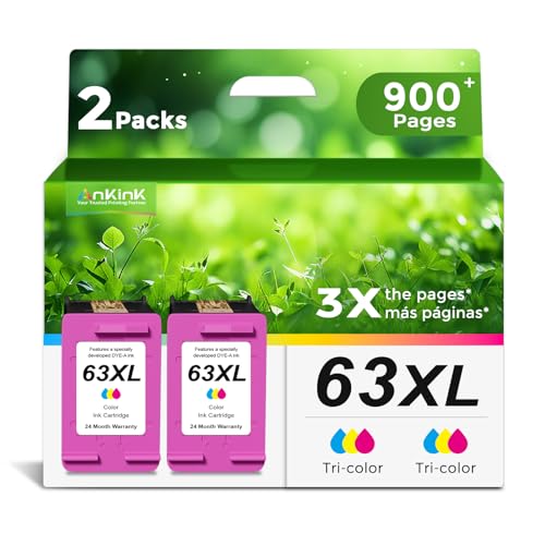 Ankink 63XL Ink Cartridges Replacement for HP 63 XL (Color 2-Pack) Work with HP63 3830 4650 4652 4655 5200 5252 5255 5258 4520 4512 1112 2132 3630 3632 4511 4510 3833 3634 2130 Printers 2 Tricolor