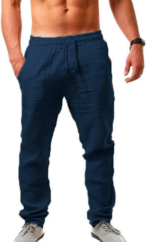 MorwenVeo Men's Linen Pants Casual Long Pants - Loose Lightweight Drawstring Yoga Beach Trousers Casual Trousers - 6 Colors