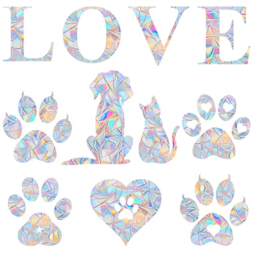 AREAWA Rainbow Sticker Decals (12 pcs) - Non-Adhesive Prismatic Window Clings, Bird Strike Deterrent, Anti-Collision Decals for Glass Doors, Cat & Dog Themed