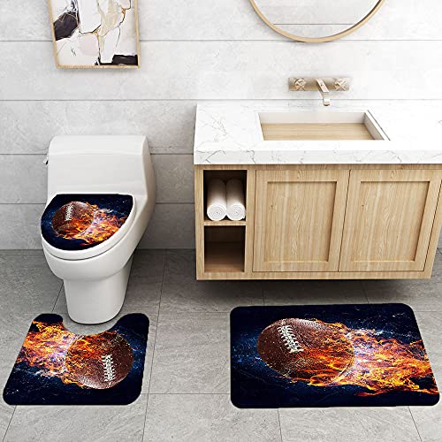 Jayden&Madge 4Pcs/Set Fantasy Burning American Football Fabric Shower Curtain, Creative Rugby Sport Theme Bathroom Decor For Boys, Non-Slip Bath Rugs Soft Toilet Carpet, For Men, Flying #TOP4