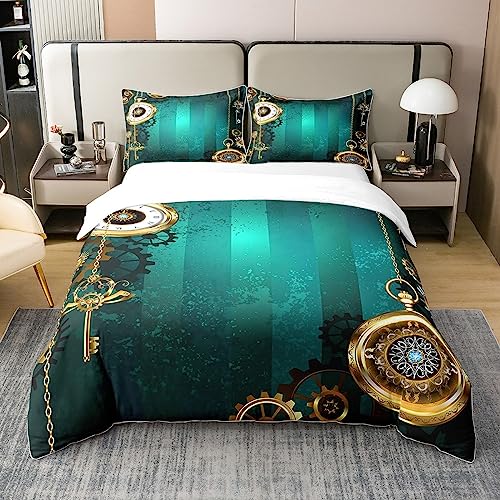 Steampunk Jewelry Gold Watch Bedding 100% Cotton Set for Kids Boys Clock Theme Gears Mechanical Decor Chain and Keys 100% Cotton Duvet Cover Retro Green Texture Duvet Set King Size Zipper Quilt Cover
