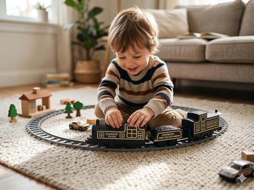 Image of Battery Operated Express Train Set for Boy | Railway Track Toy with Engine, Coal & Passenger Coach | 14 Piece Realistic Train Play Set