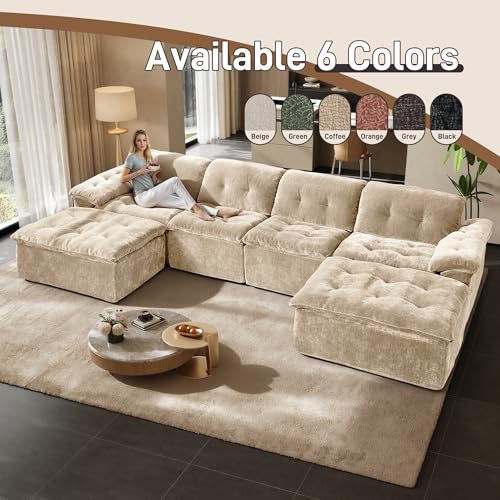 Image of 157 inch Oversized U Shaped Sectional Cloud Couch, Large Modern Cloud Sectional Couch with Ottoman, Chenille 6 Seat Sofa Set, Modular Sectional Sofa for Living Room, No Assembly Required, Coffee