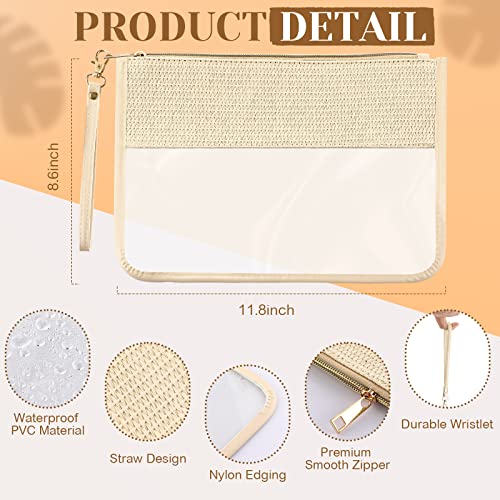 Silkfly 9 Pcs Braid Clear Straw Leather Travel Makeup Bag PU Leather Pouch with Zipper and Wristlet Clear Travel Pouch Waterproof Portable PVC Cosmetic Bag for Women, Beige4