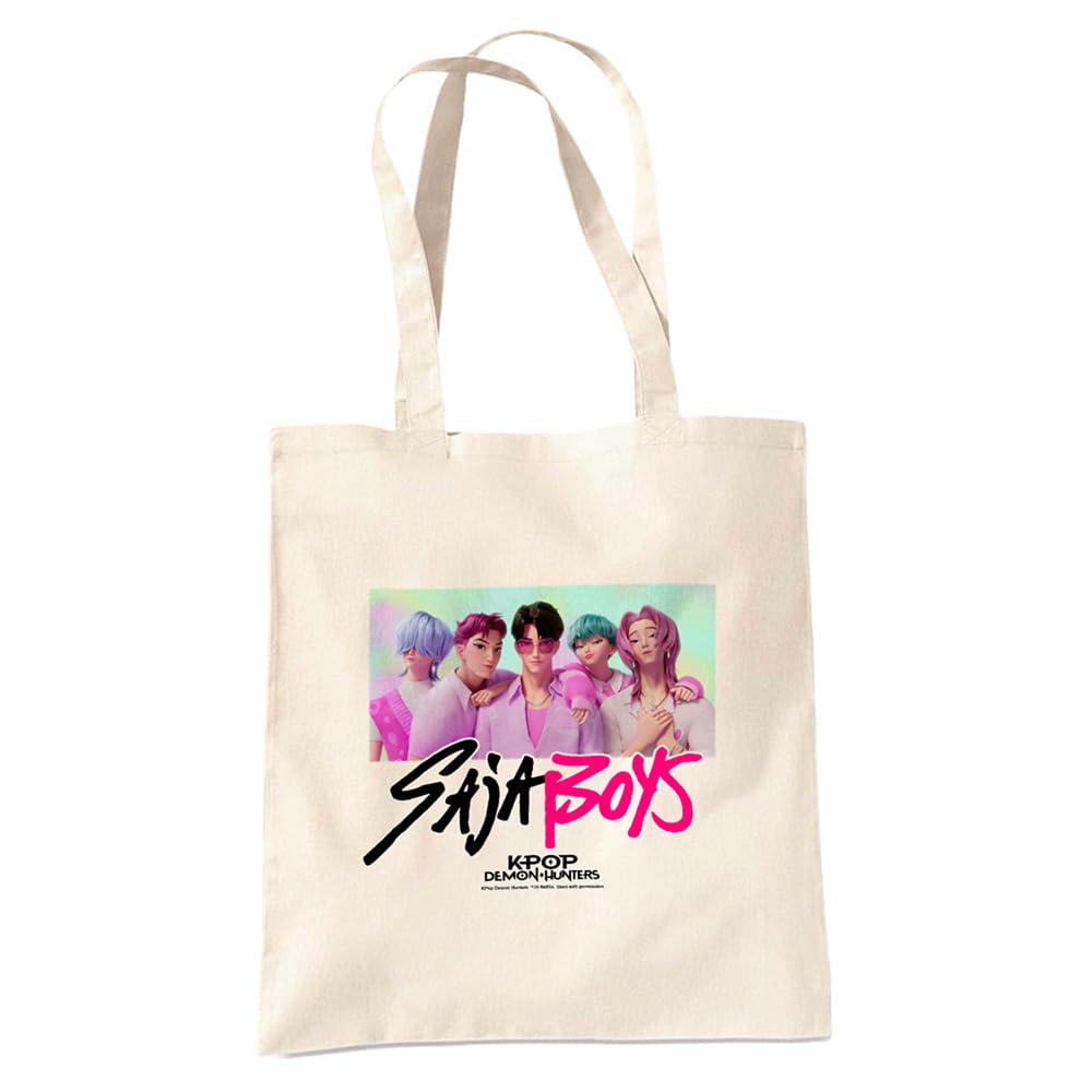 Kpop Demon Hunters Saja Boys Photoframe Grocery Travel Reusable Tote Bag, Natural