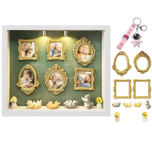 Mini Museum Shadow Box Frame with Lights, Vintage Gold Miniature Picture Frames Display Kit for DIY Home Decor, Desktop or Wall Display, Creative Gift for Family Memories(White)