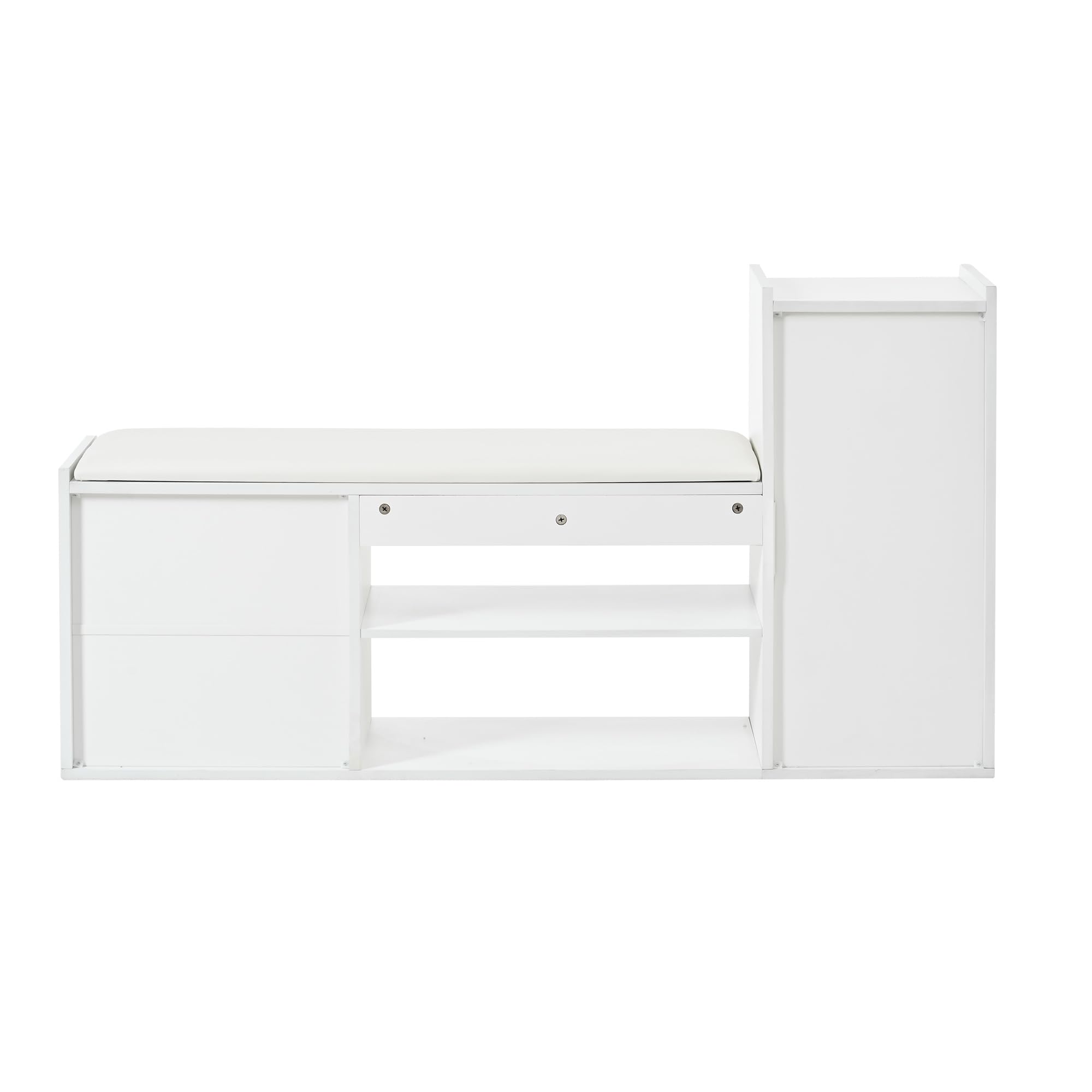 128 x 30 x 68 cm, zapatero con 2 cajones, 1 armario, bancos con acolchado y espacio de almacenamiento, adecuado para salón, pasillo, oficina, color blanco