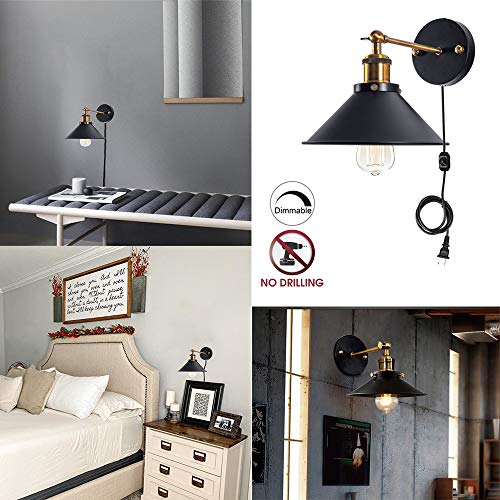 Image of ANYE No Drilling 1-Light Plug-in Wall Sconce Vintage Industrial Loft Retro Style E26 UL Dimmable Switch Cord Simplicity Arm Swing Wall Light for Guest Bath Loft Bar Rental House Bulb Included