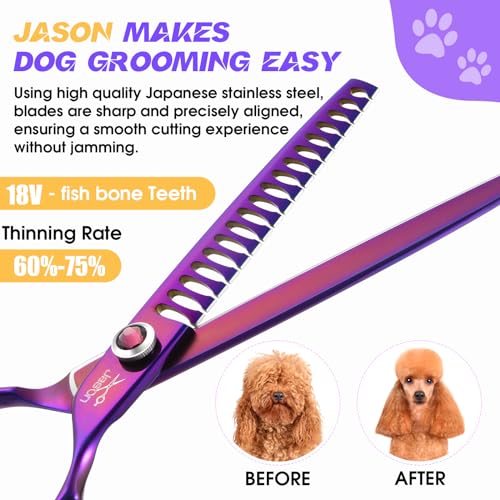 JASON Dog Scissors for Grooming – 7.5″ Chunker Scissors for Dog Grooming, Japanese 440C Stainless Steel Chunking Shears with Diamond Adjustable Screw (18 Teeth, Purple) JASON Dog Scissors for Grooming – 7.5″ Chunker Scissors for Dog Grooming, Japanese 440C Stainless Steel Chunking Shears with Diamond Adjustable Screw (18 Teeth, Purple)