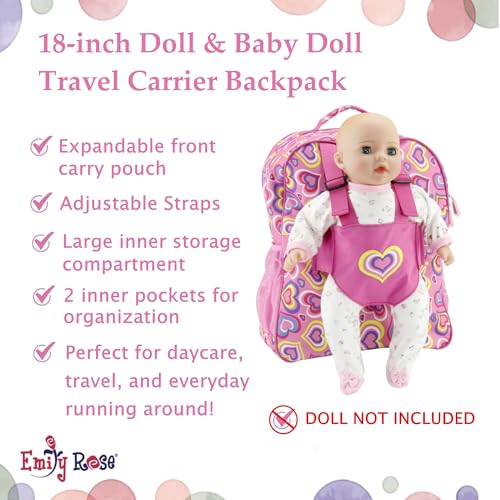 Emily Rose Kids Daypack Overnight Backpack 18-inch Doll Travel Carrier Includes Carry Pouch for Baby Dolls/Stuffed Animals | Little Girls Back Pack for School and Sleepovers (Playful Hearts) - Thumbnail 3