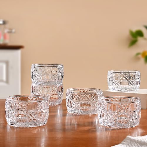 Image of Nestasia Small Glass Chutney Bowls Set of 6 (160ml Each) - Heat Resistant & Chip Resistant Ice Cream Bowls for Dips, Sauce & Pickles | Embossed Transparent Katori with Gift Box - Ideal for Gifting