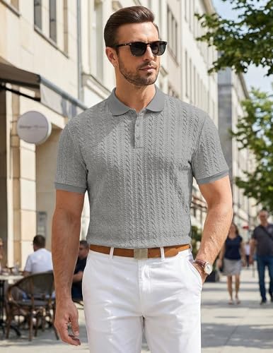 Image of JMIERR Men's Casual Polo Shirt Knitted Textured Short Sleeve Stretch Golf Shirt Summer Vacation Beach Collared Shirts