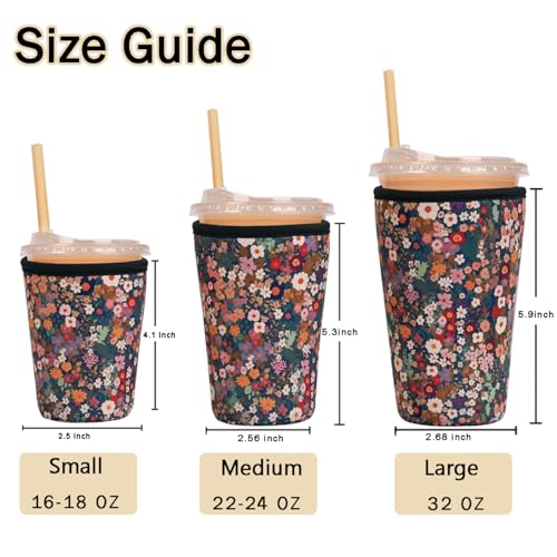 Image of Reusable Insulated Sleeve for Iced Coffee Cup, 3-Pack Coffee Neoprene Drink Sleeve for Cold & Hot Drinks, Beverage Holder for Iced Coffee (Flower Fantasy)