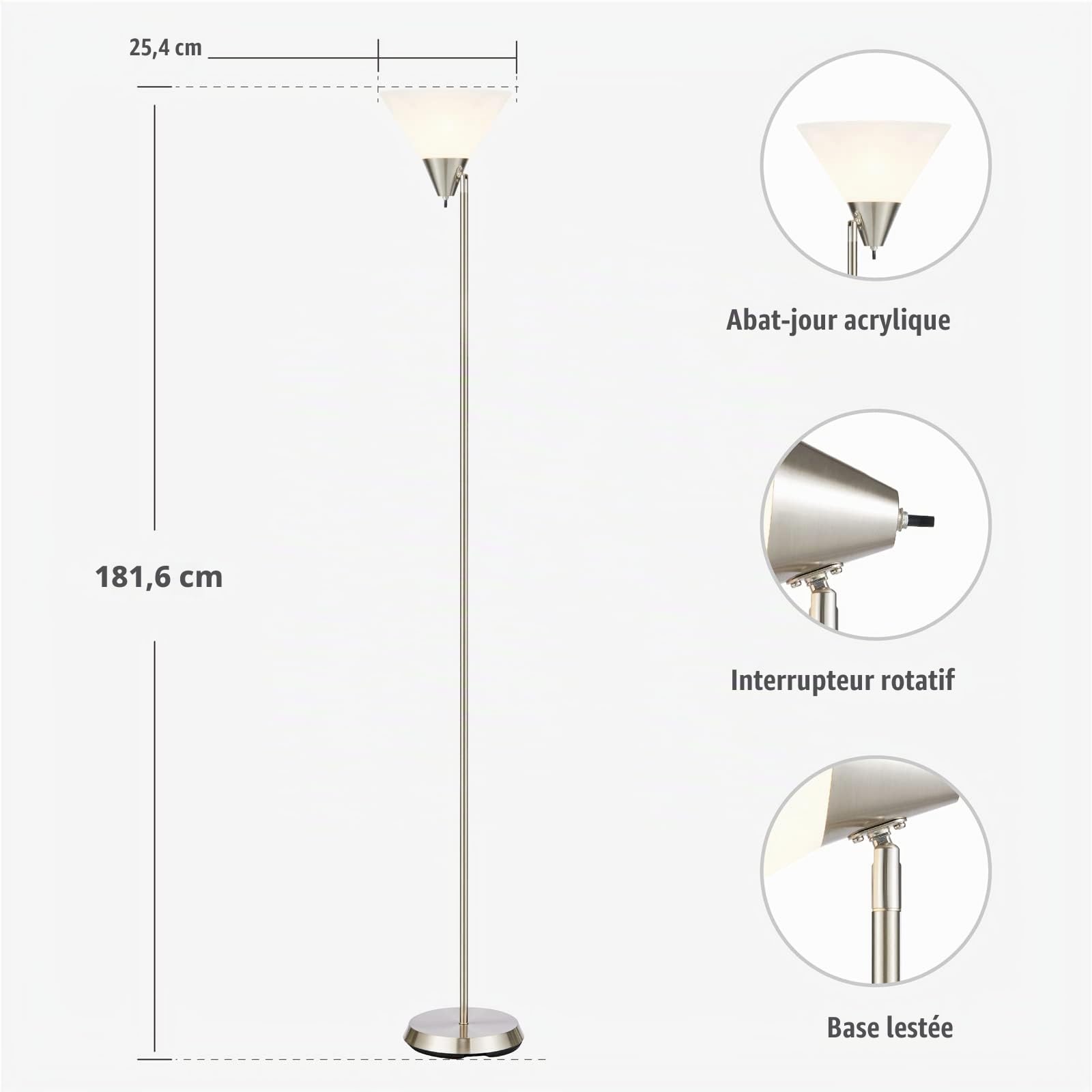 HonoDing Lampadaires Lampe de sol avec abat-jour en acrylique et tête réglable, Moderne Lampadaires pour salon/bureau/chambre à coucher (nickel satiné)