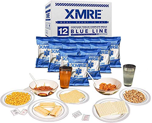 XMRE Blue line Freshly Packed 2020 MRE Meals Ready to Eat. 12 Meals per Case. Includes Assortment of Delicious Entrees, Side Dishes, Beverage Mix, and Military Style pack.