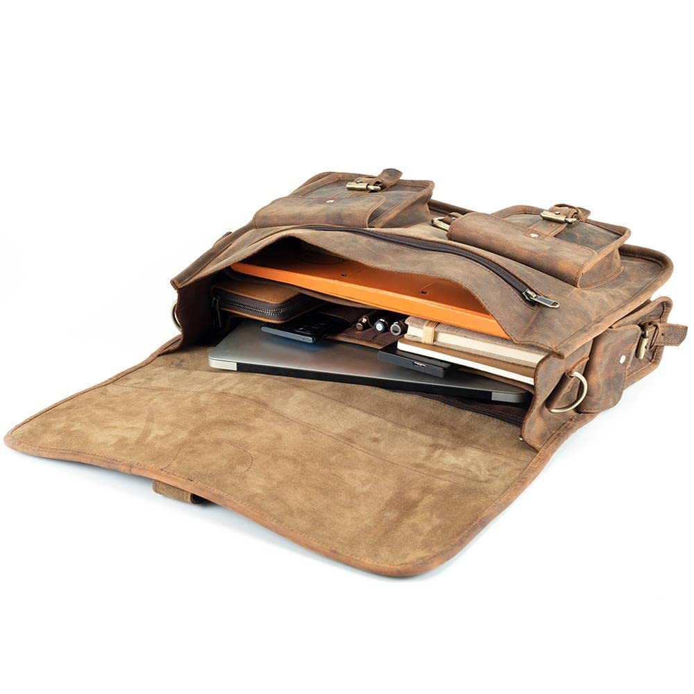 Ruzioon Leder-Kuriertasche für Damen und Herren, Leder, Laptop-Aktentasche, Ledertasche, für Büro und Business, braun, Large