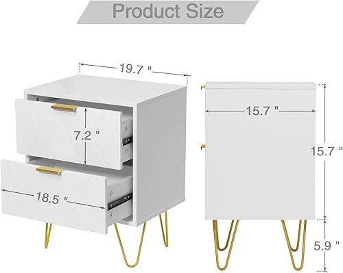 Miniatura 18 de Anbuy - Juego de 2 mesitas de noche color blanco, mesa auxiliar doble, mesita de noche con 2 cajones, doble mesita de noche con patas de metal para