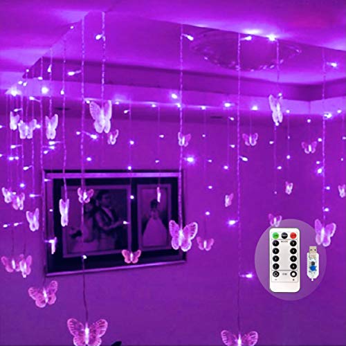 Butterfly Curtain Fairy Lights Usb Plug In,8 Modes 120 Led 19.7Ft Firefly Twinkle Timer String Lights With Remote, Waterproof Copper Wire For Bedroom Patio Christmas Wedding Party Dorm (Purple) #TOP2