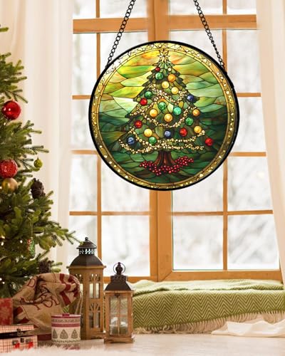 Image of DASTOLL Stained Glass Window Hanging - Green Christmas Tree Gold Ribbon Suncatcher for Doors Home Christmas Decoration Sun Catcher Thanksgiving New Year Birthday Gifts for Women Men Mom Nana 15 in