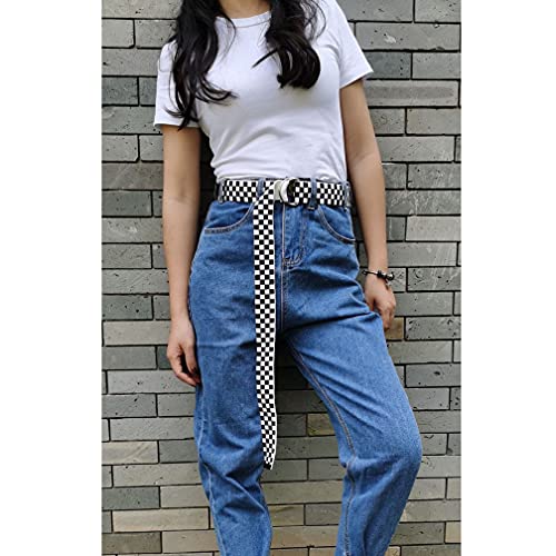 Casual Checkerboard Canvas Double Ring Belt Printed Jeans Belt Waist Strap Waistband Clothing Accessories for Teenager2