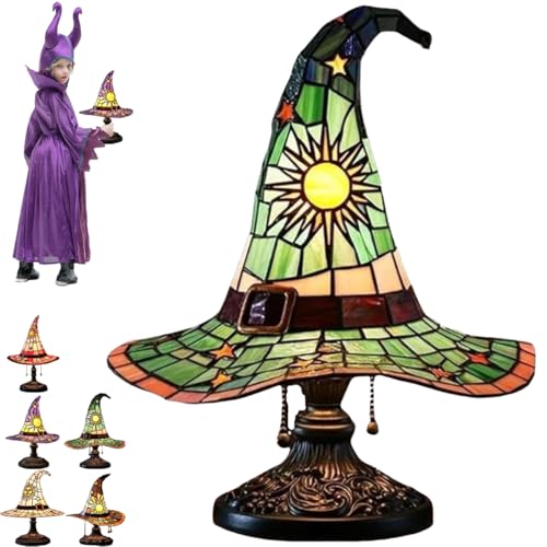 Witch Hat Lamps, Witch Hat Tiffany Lamp Stained Glass, Handmade Gothic Wizard Shape Lights for Halloween Decoration with Mystical Charm (Green)