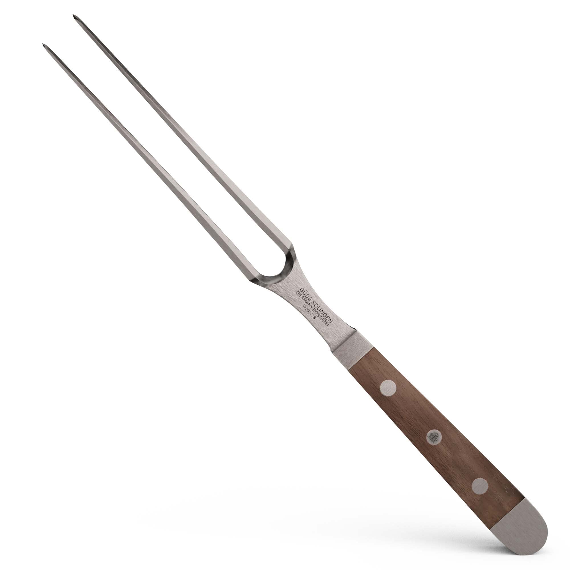 GÜDE Solingen - Fourchette à viande forgée, 18 cm, bois de noyer, ALPHA-WALNUT - double tour de cou, fabriqué à la main en Allemagne