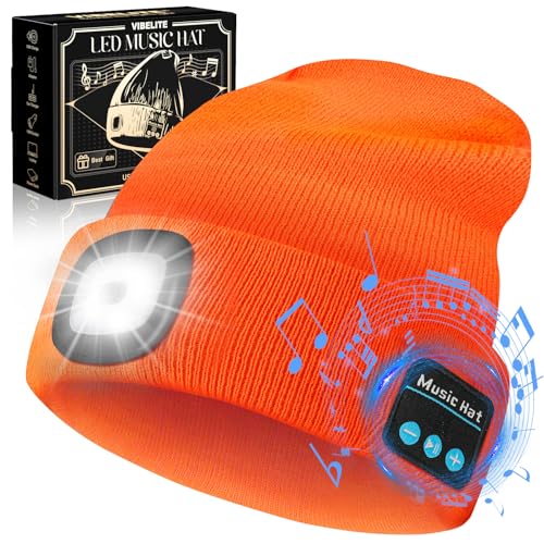 VIBELITE Bluetooth Beanie Hat with Light, USB Rechargeable LED Headlamp with Wireless Headphones, Fathers Day Gift for Dad, Husband, Gifts for Men, Dad Gifts from Daughter, Wife, Orange