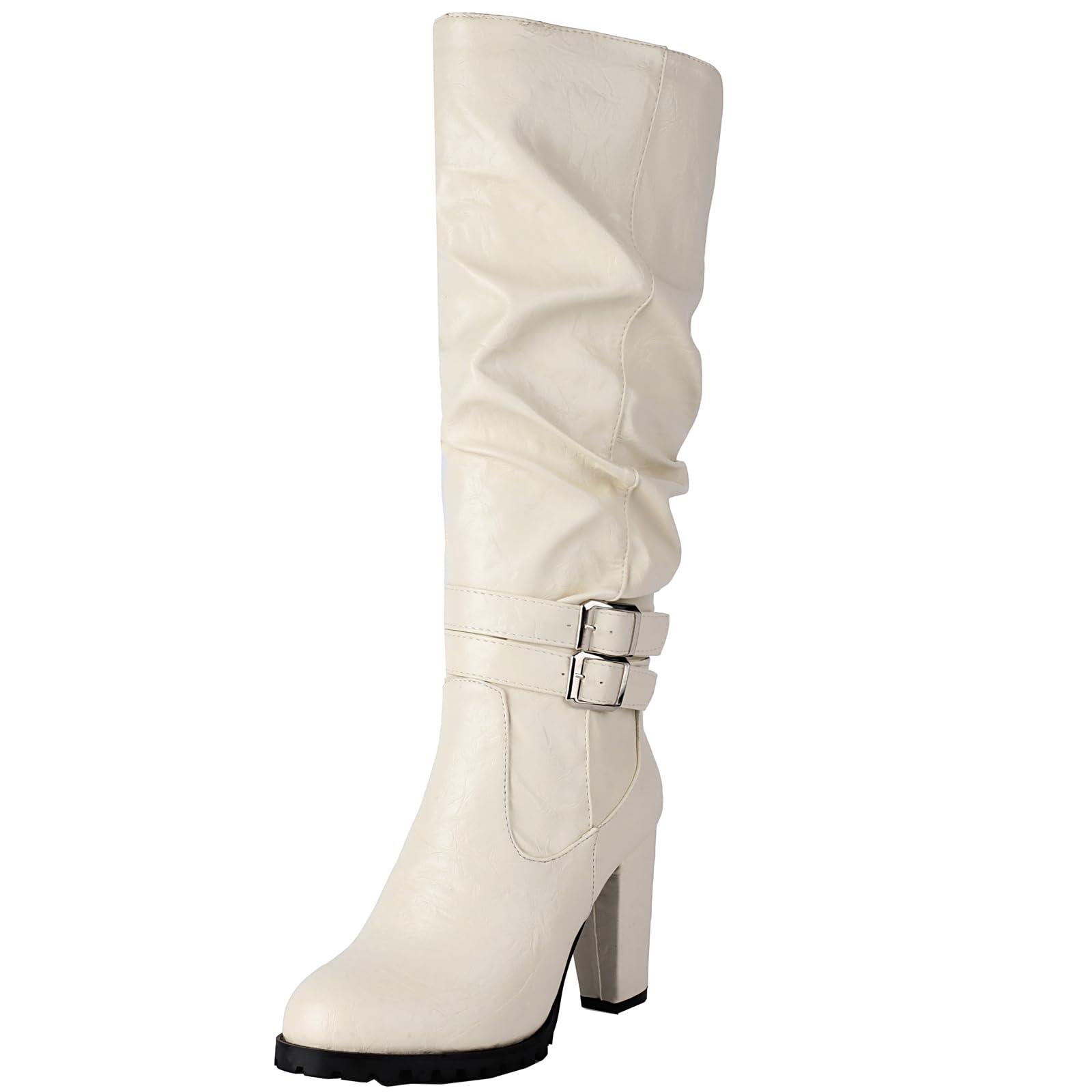 Onewus Womens Chic Elegant Chunky Heel Funky Ruched Knee High Boots