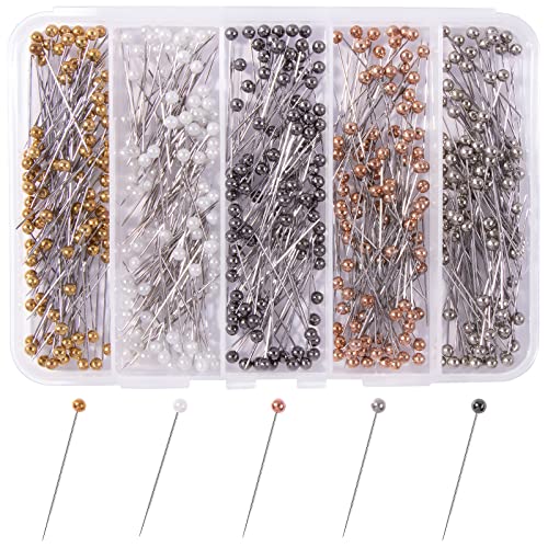 VAPKER 500 Pcs Pearlized Head Quilting Pins, 38mm Straight Long Pins for Dressmaker, Flower DIY Decoration (5 Colors)