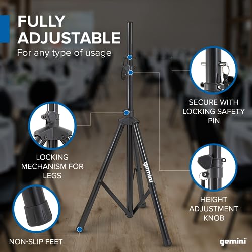 Image of Gemini Tripod PA Speaker Stand, Adjustable Height, 60lb Capacity (ST-04) | Tripod PA speaker stand, 60 lb capacity - telescopes to 80 inch - dual-locking safety - folds, aluminum