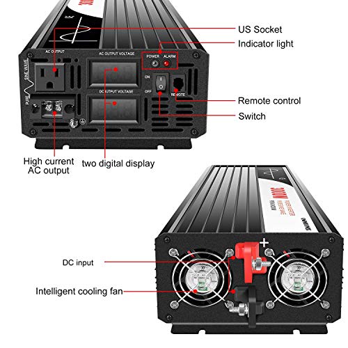 XIJIA 3000W (Peak 6000W) Pure Sine Wave Power Inverter DC 12V to AC 120V 60HZ Solar Converter for Home Use car Remote Control (DC12V (Range 10V-15V) 3000W)