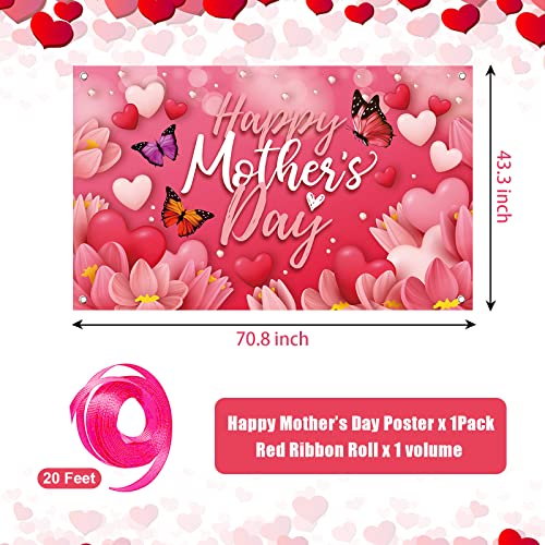 Image of Large Happy Mother's Day Banner Decorations Mothers Day Flag Outdoor 71x44 Inch,Mom Gifts for Indoor Home House Decor Party Supplies,Yard Sign Background for Photography, Red Pink Heart Flowers