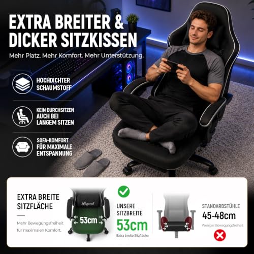 Gaming Stuhl Gamer Sessel - multifunktional verstellbar, atmungsaktiver Tech-Stoff, Taschenfederung & Hochschaum, 150 kg belastbar… – Ansicht 4