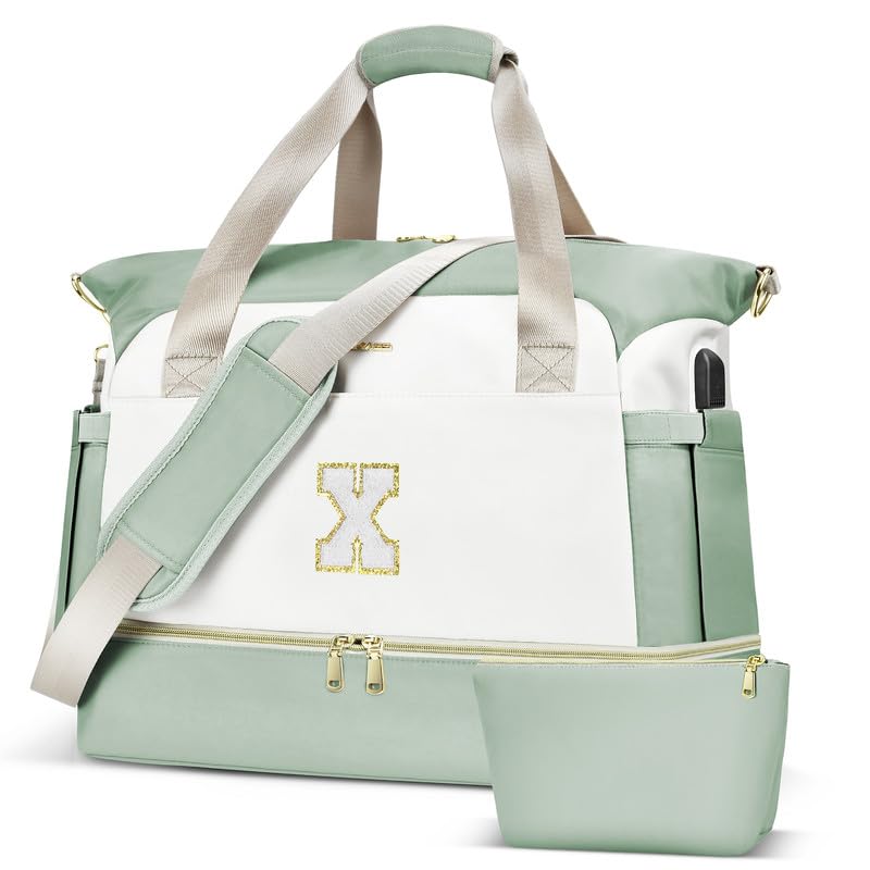 Bolsa de viagem feminina com iniciais, bolsa de ginástica personalizada com compartimento para sapatos, bolsa de viagem com porta de carregamento USB, bolsa de fim de semana para mulheres, viagens