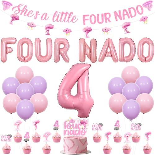 Cheereveal Fournado Birthday Party Decorations for Girls Pink, Tornado Cake Cupcake Toppers, She Is A Little Four Nado Banner, Weather Storm Theme Fourth Birthday Baby Shower Party Supplies